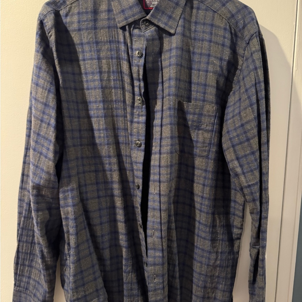 Blue and Gray Plaid Flannel Button-Up Shirt